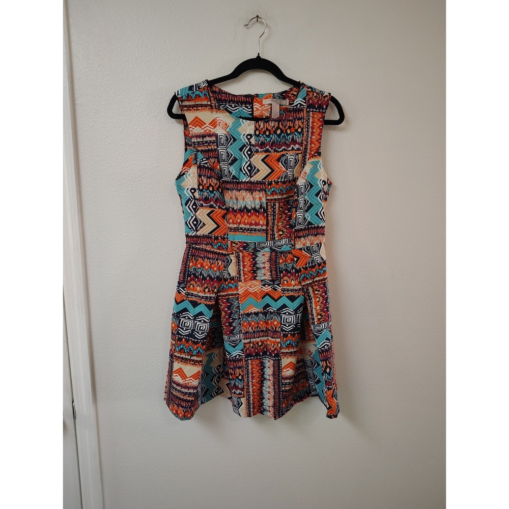 Forever 21‎ Tribal Geometric Print Sleeveless Fit Flare Mini Dress Orange M